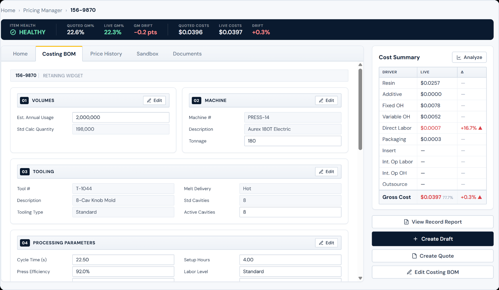 Command CGP Pricing Manager command center for item 156-9870 Retaining Widget, showing costing BOM and cost summary